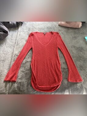 Express Coral Ribbed V-Neck Sweater
